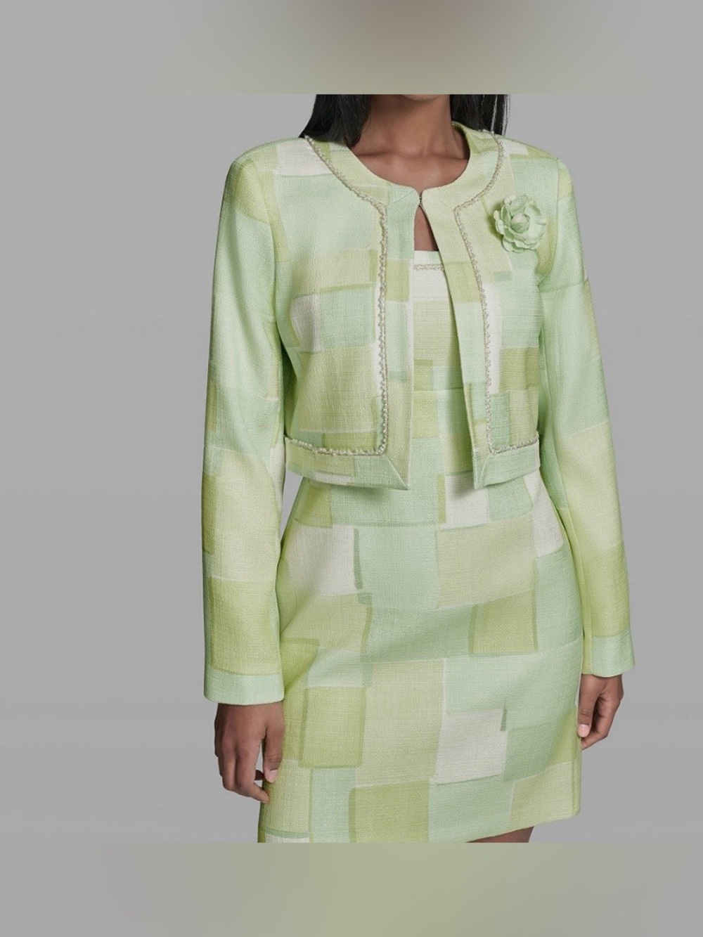 Karl Lagerfeld Tea Green and White Tweed Dress & Jacket Set 16 - Picture 2 of 14